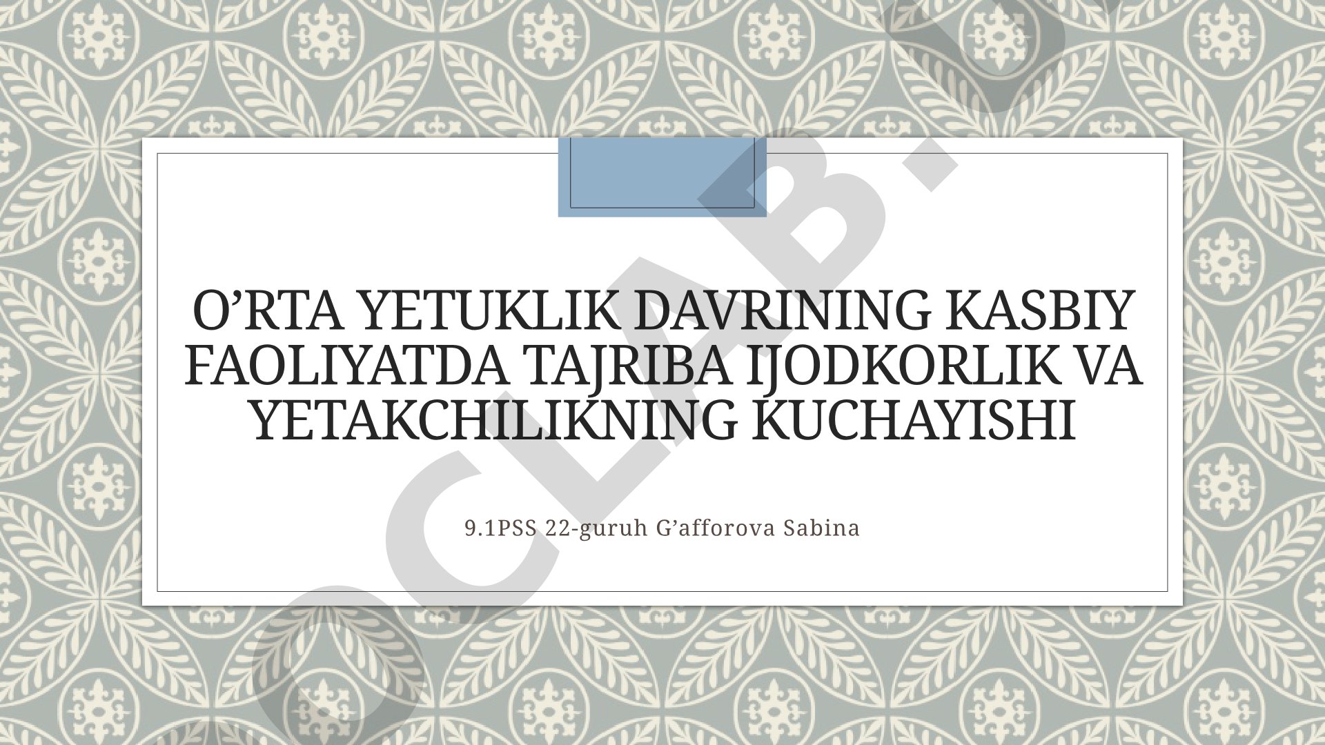 O’rta yetuklik davrining kasbiy faoliyatda tajriba ijodkorlik va yetakchilikning kuchayishi
