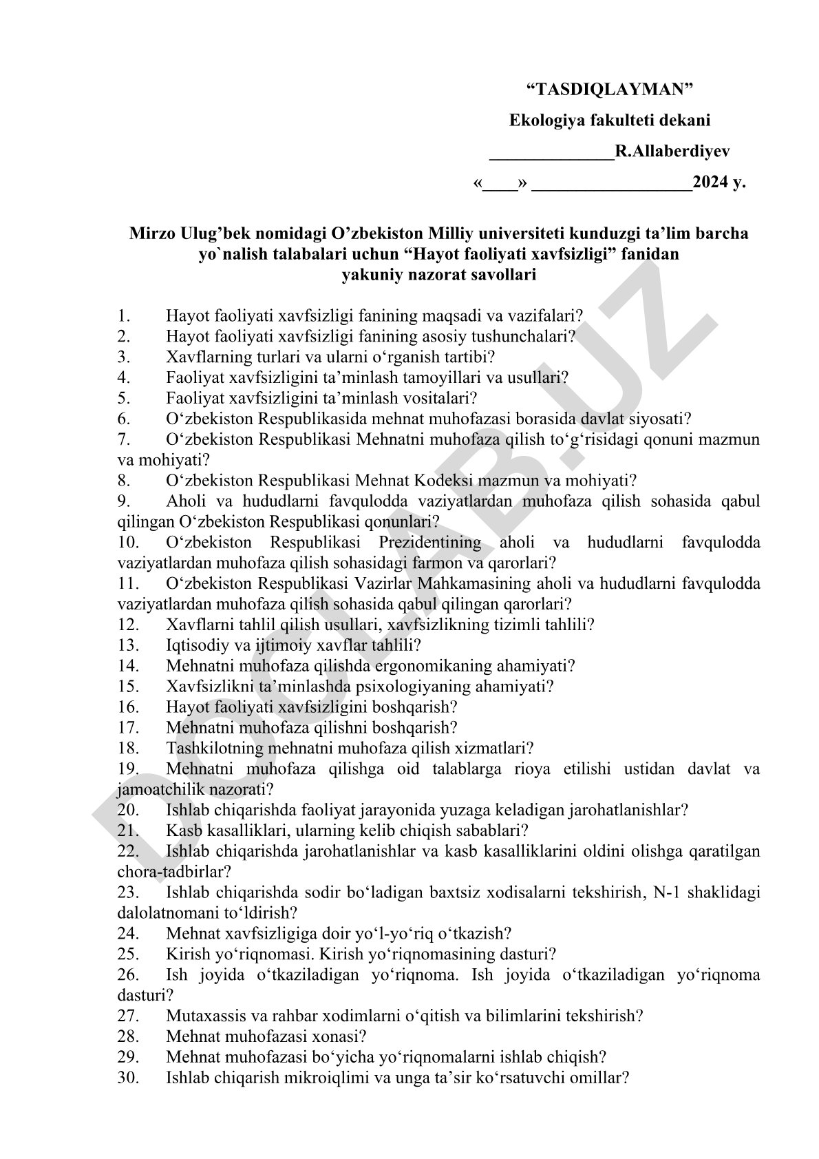 Hayot faoliyati xavfsizligi fanidan yakuniy nazorat savollari