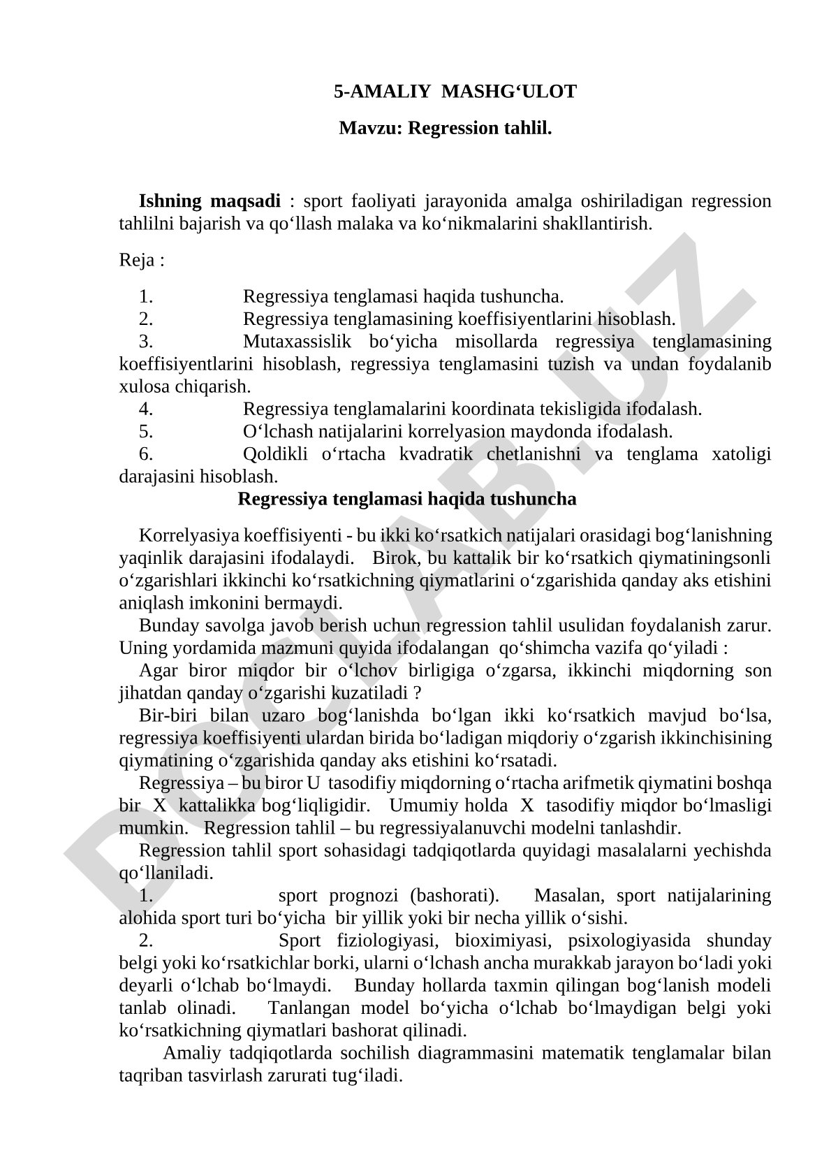 Sport faoliyatida regression tahlilni bajarish va qo'llash malakalarini shakllantirish