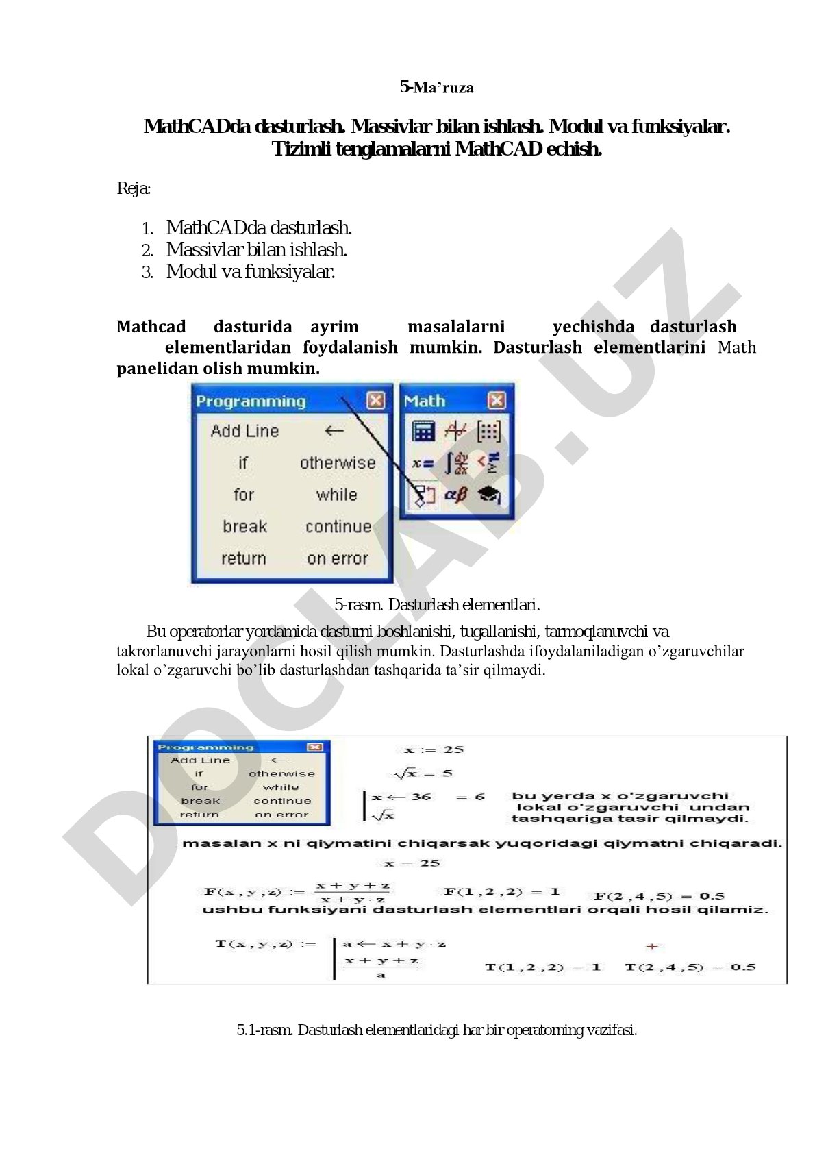 MathCADda dasturlash, massivlar, modul va funksiyalar