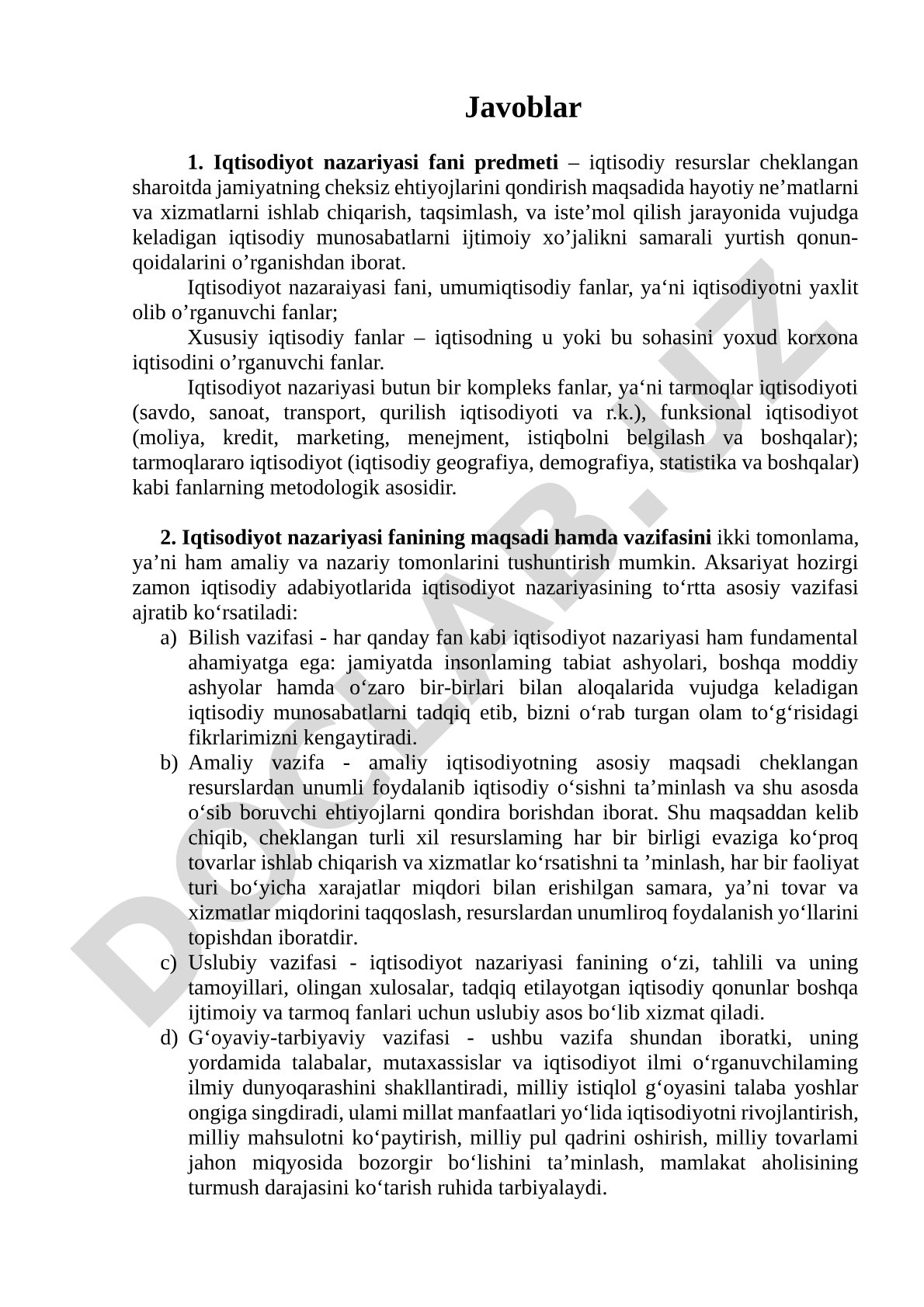 Iqtisodiyot nazariyasi fanining predmeti, maqsadi va vazifalari