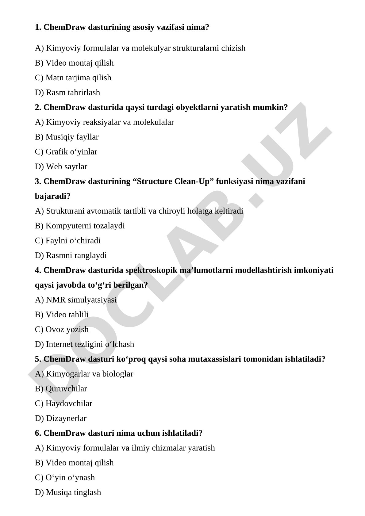 ChemDraw dasturi bo'yicha test savollari