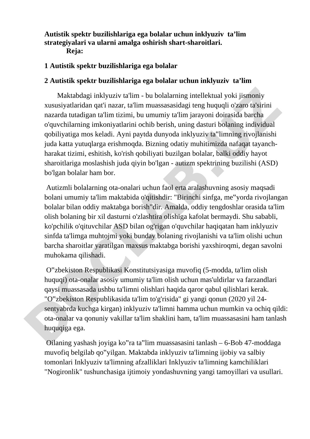 Autistik spektr buzilishlariga ega bolalar uchun inklyuziv taʼlim strategiyalari va ularni amalga oshirish shart-sharoitlari
