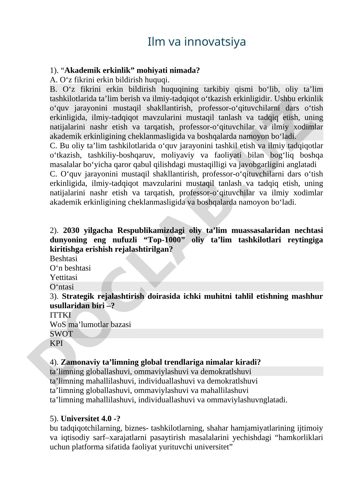 Ilm va innovatsiya fanidan test savollari