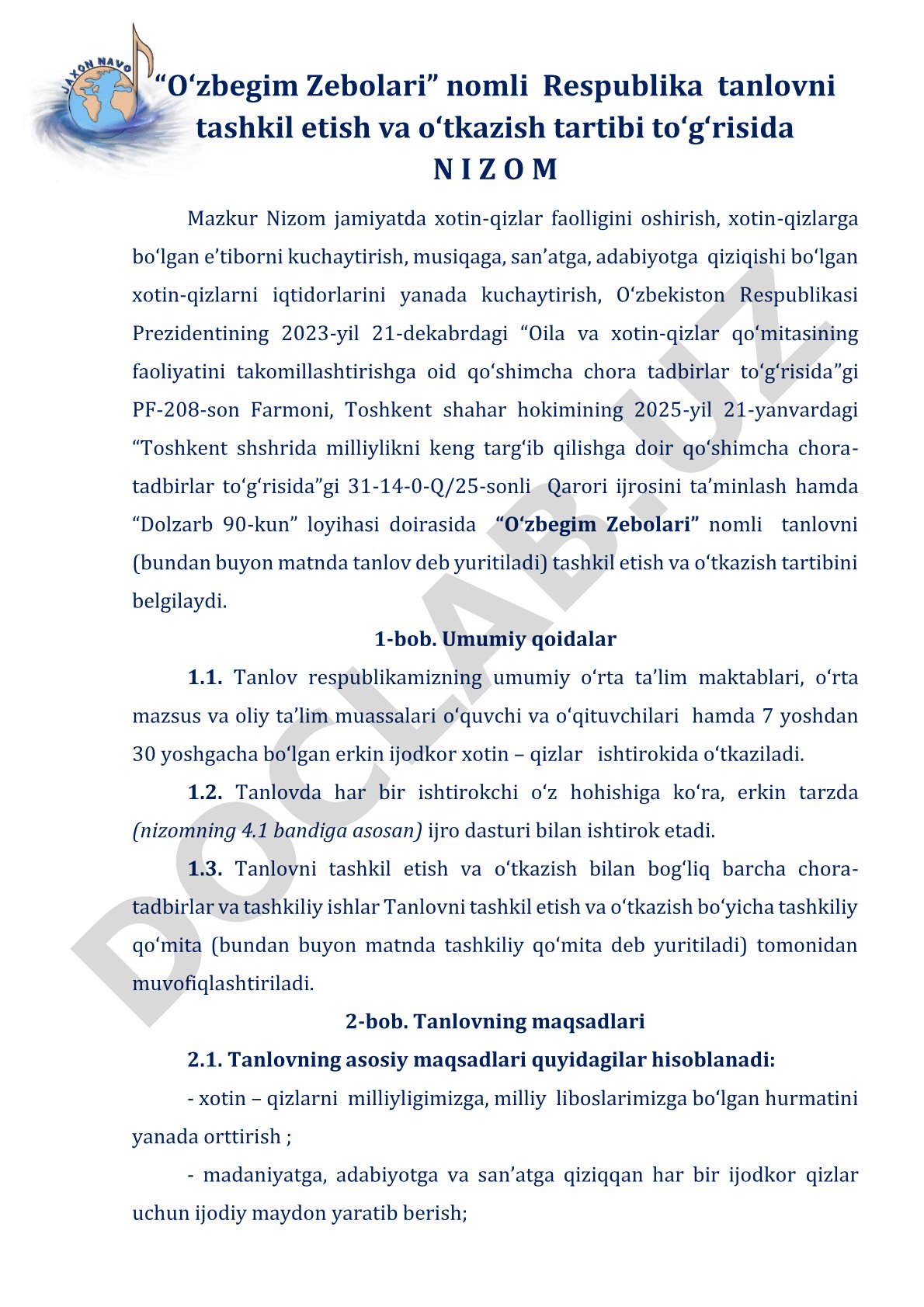 O‘zbegim Zebolari Respublika tanlovini tashkil etish va o‘tkazish tartibi