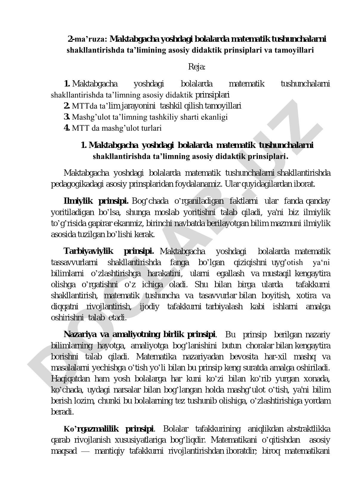 Maktabgacha yoshdagi bolalarda matematik tushunchalarni shakllantirishda ta'limning asosiy didaktik prinsiplari va tamoyillari