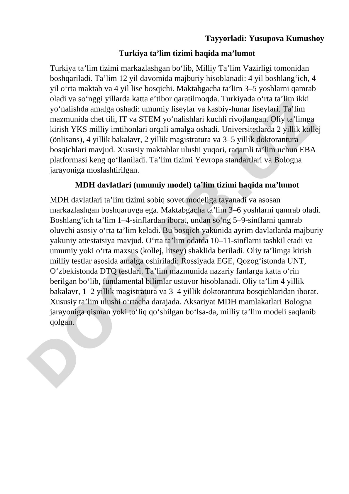 Turkiya va MDH davlatlari taʼlim tizimlari