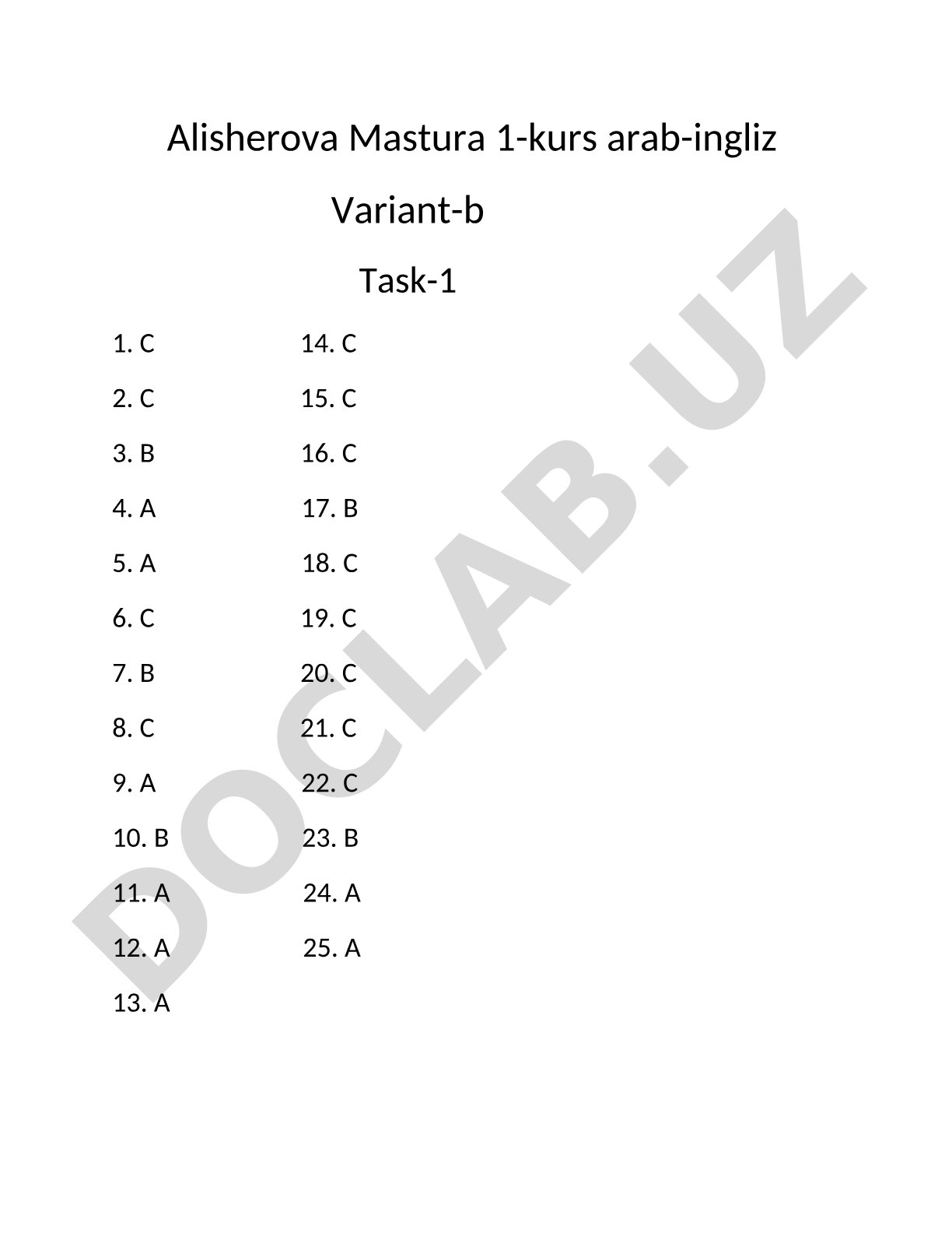 Arab-ingliz yo'nalishi 1-kurs test javoblari (Variant B)