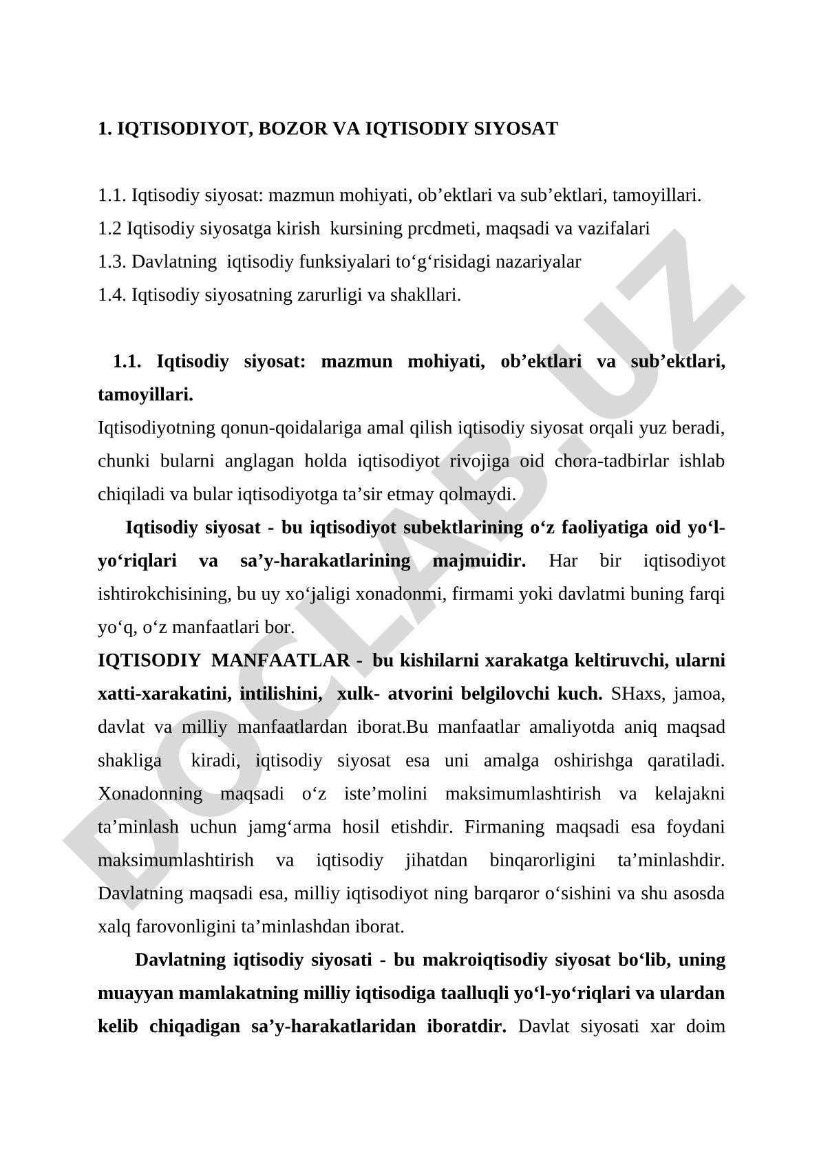 IQTISODIYOT, BOZOR VA IQTISODIY SIYOSAT 1.1
