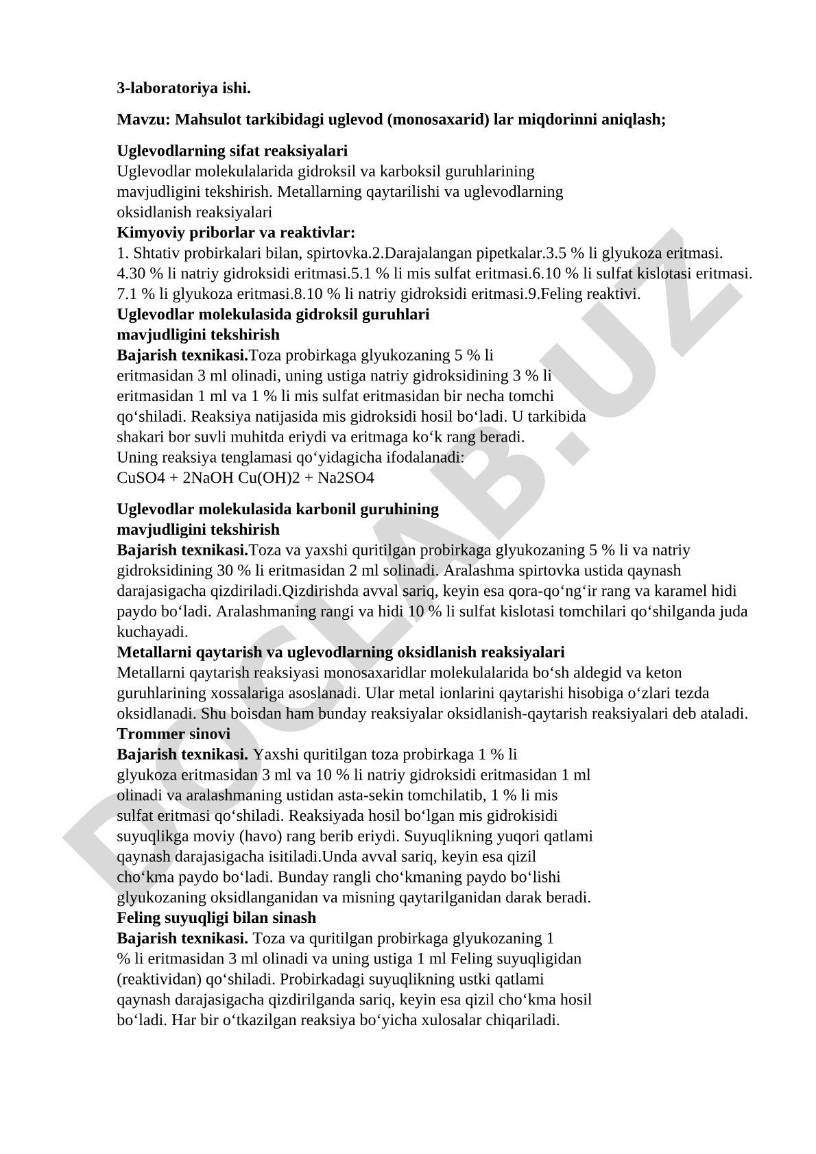 Mahsulot tarkibidagi uglevod (monosaxarid) lar miqdorinni aniqlash; Uglevodlarning sifat reaksiyalari