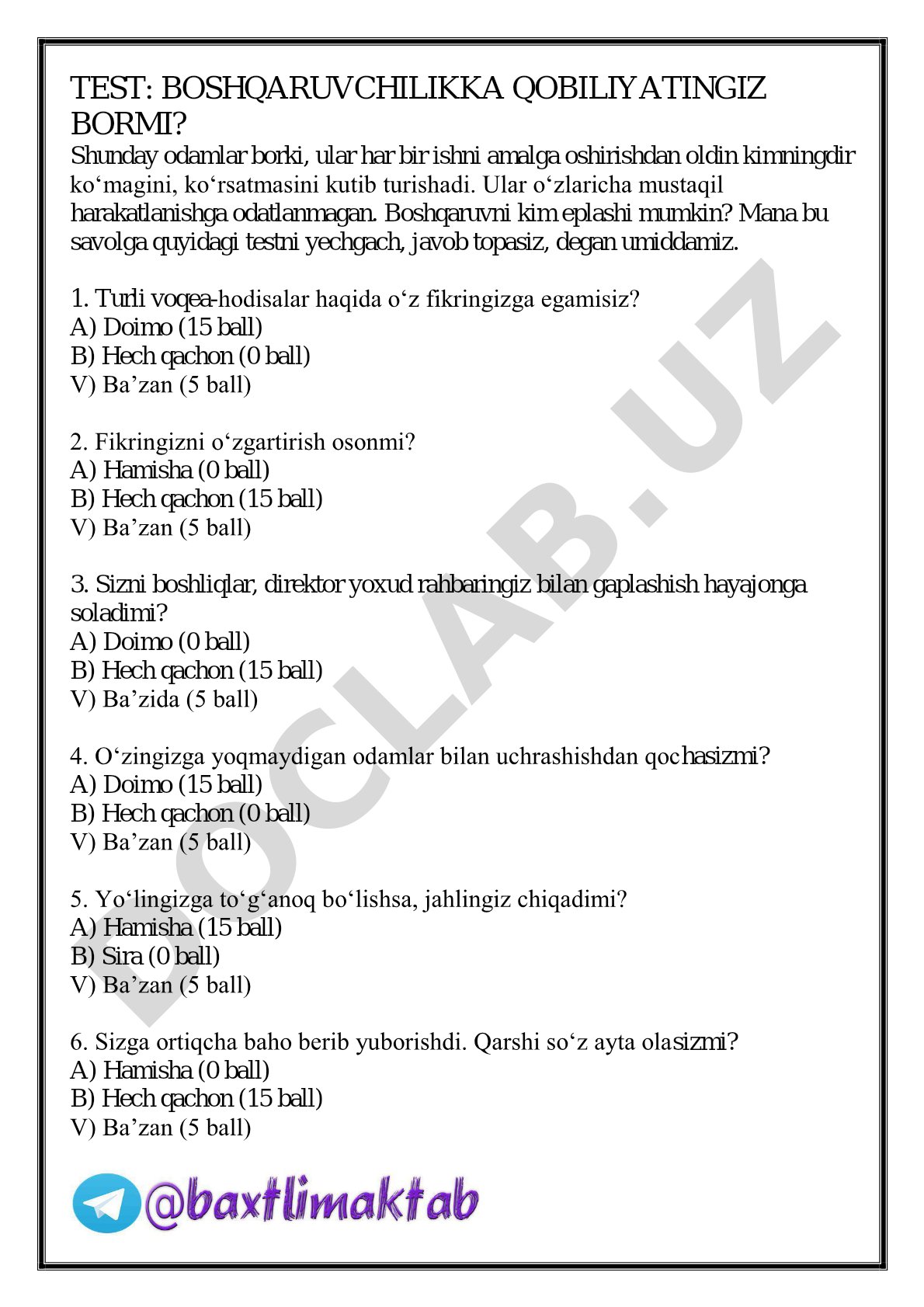 Boshqaruvchilik qobiliyatini baholovchi test savollari