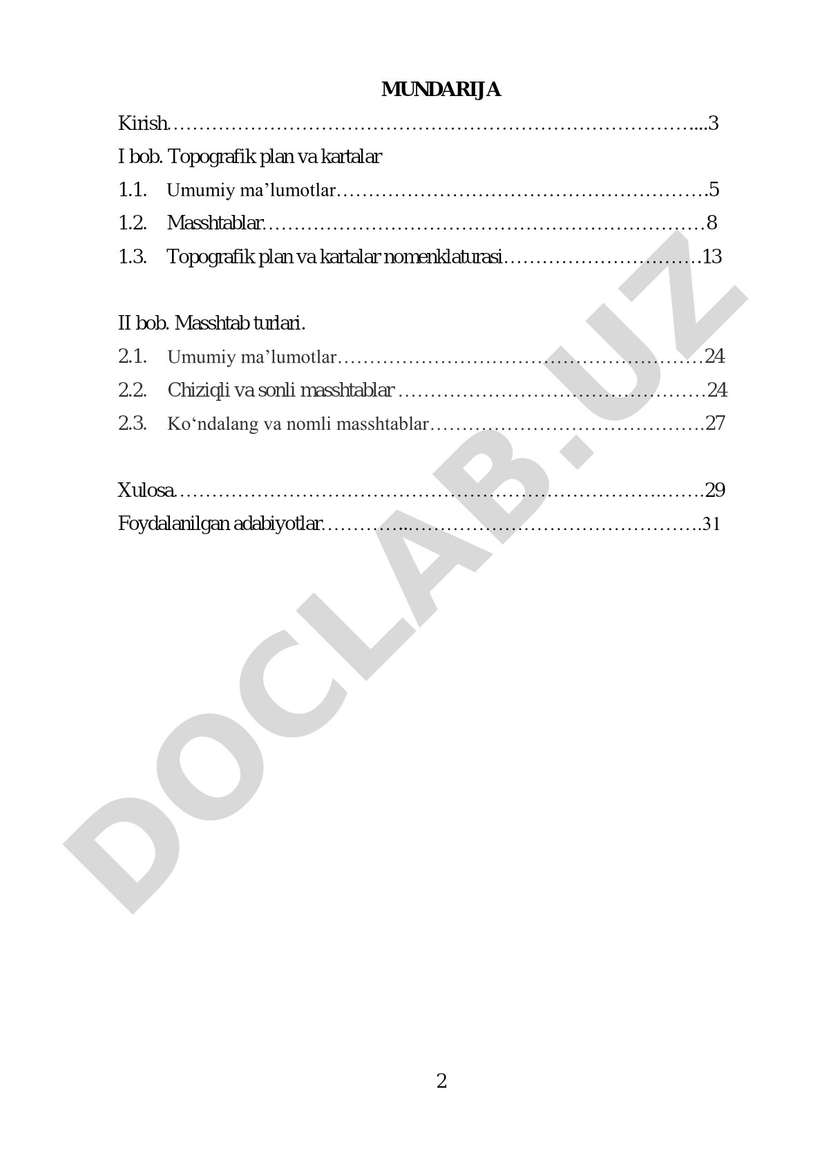 Kurs ishi: Masshtablar fanidan, topografik plan va kartalar, masshtab turlari