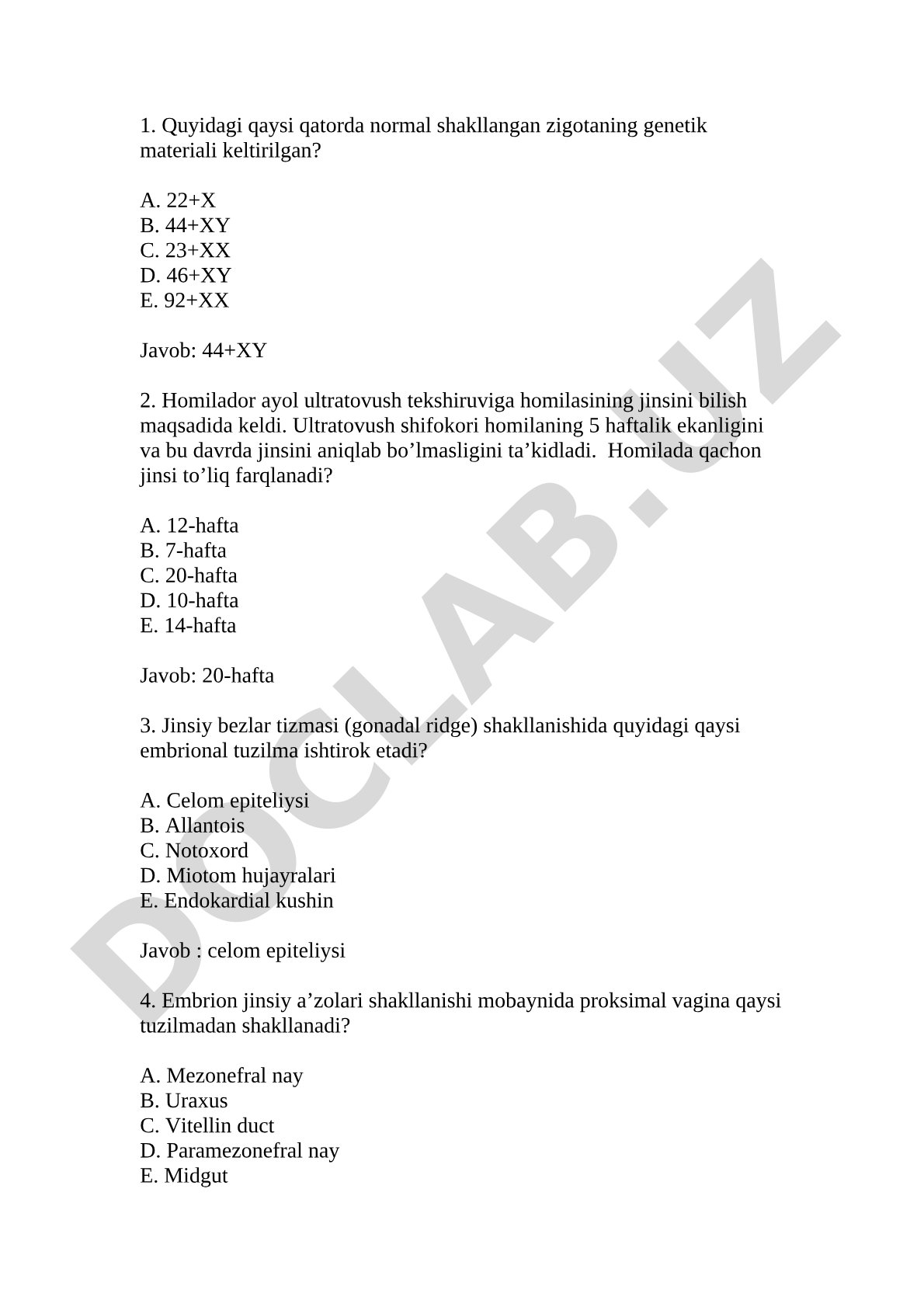 Embrion jinsiy rivojlanishi test savollari