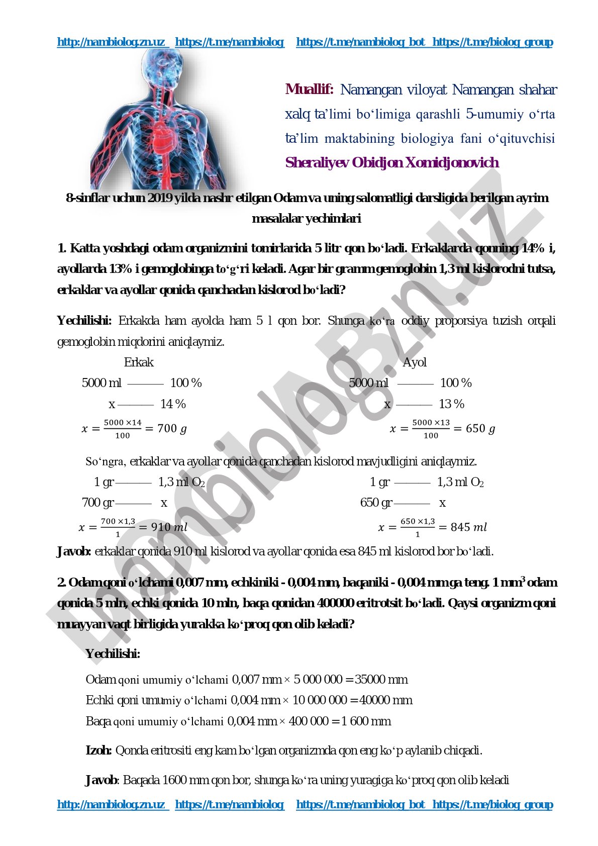 Odam va uning salomatligi darsligidagi masalalar yechimlari