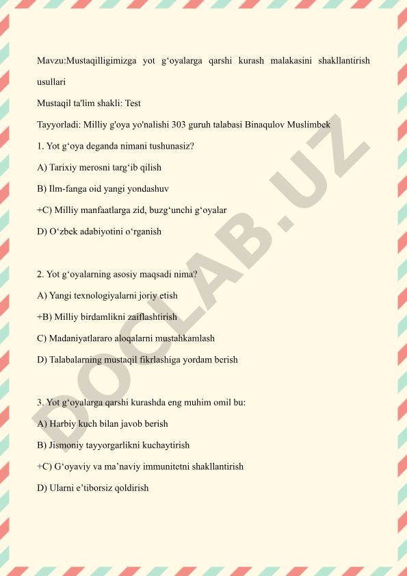 Mustaqilligimizga yot g‘oyalarga qarshi kurash malakasini shakllantirish usullari