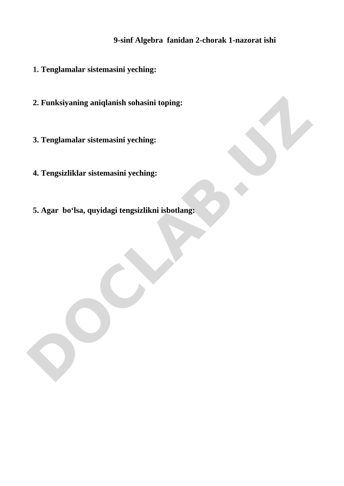 9-sinf Algebra fanidan 2-chorak 1-nazorat ishi