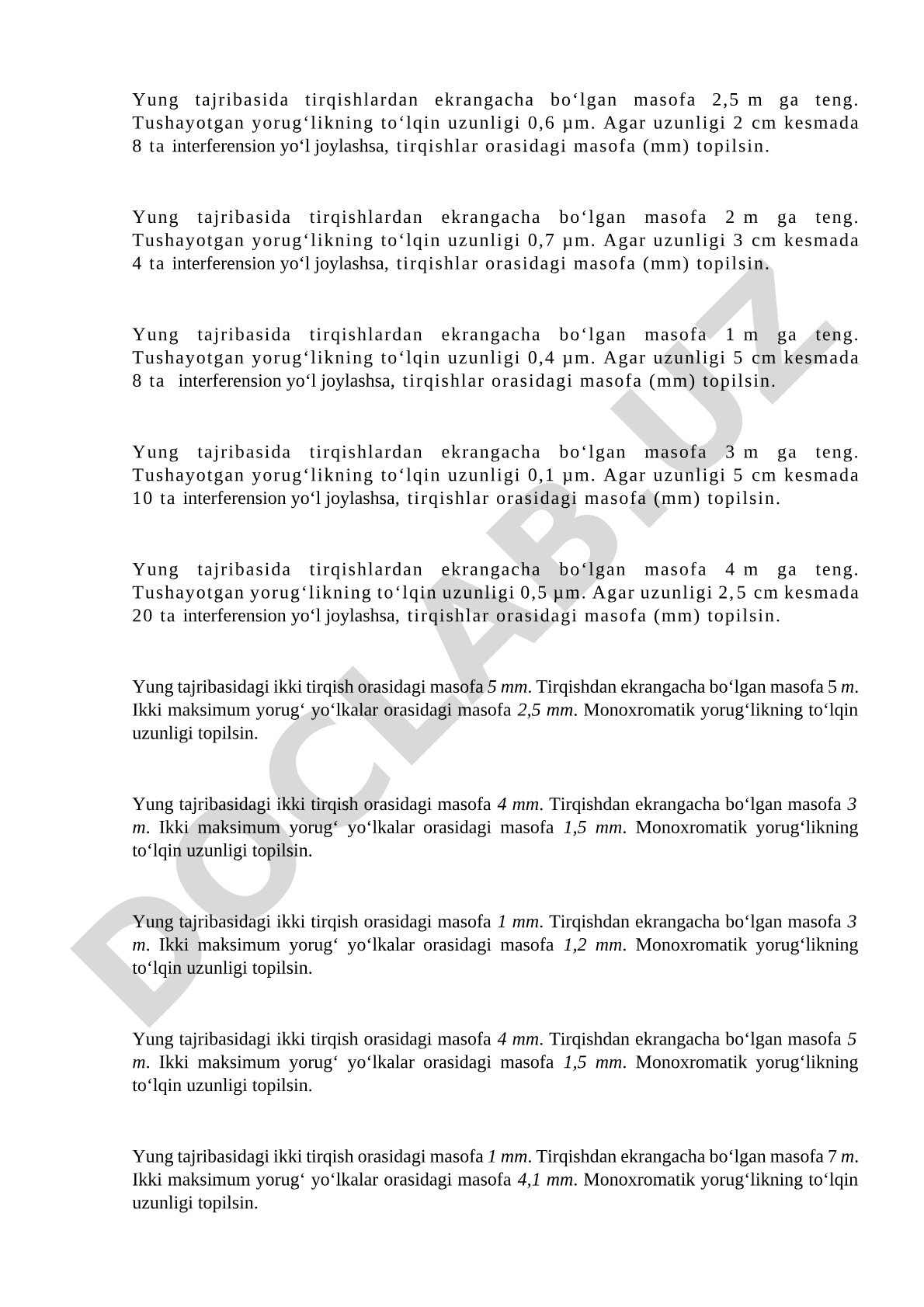 Yung tajribasida tirqishlar orasidagi masofani topish