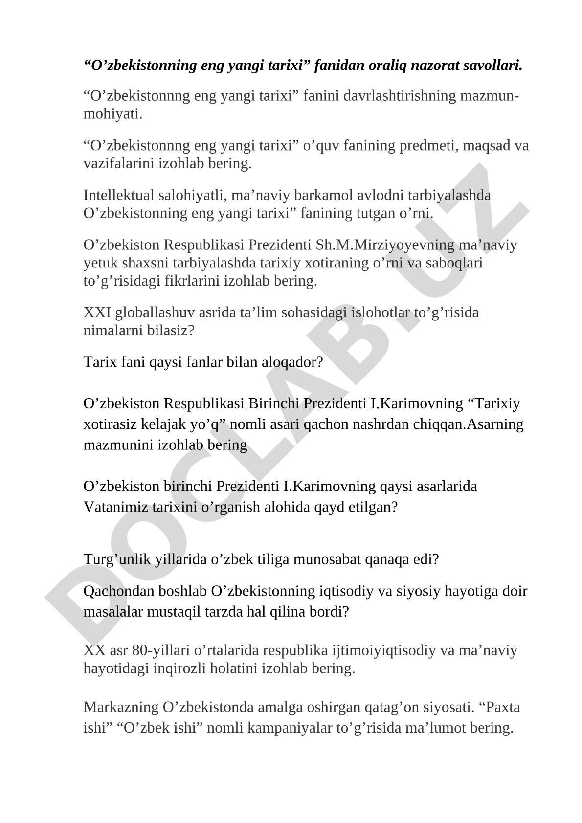 O’zbekistonning eng yangi tarixi fanidan oraliq nazorat savollari