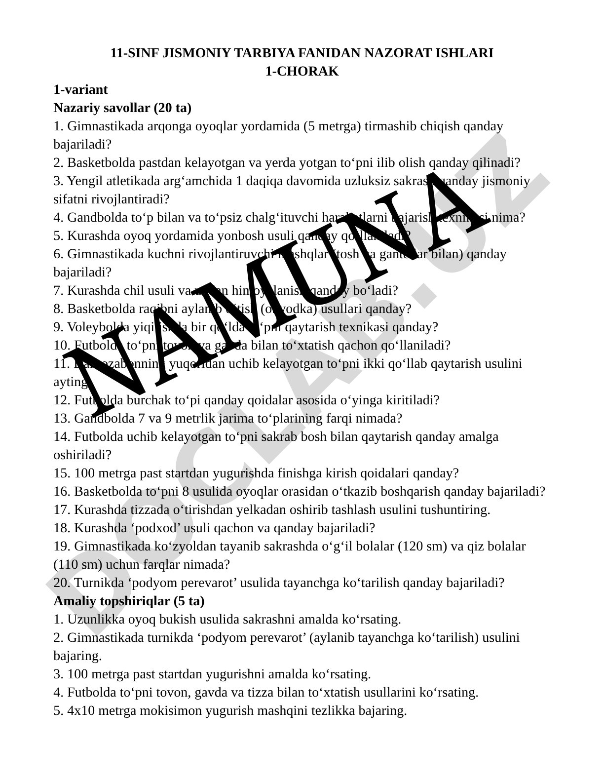 11-sinf jismoniy tarbiya fanidan nazorat ishlari 1-chorak 1-variant