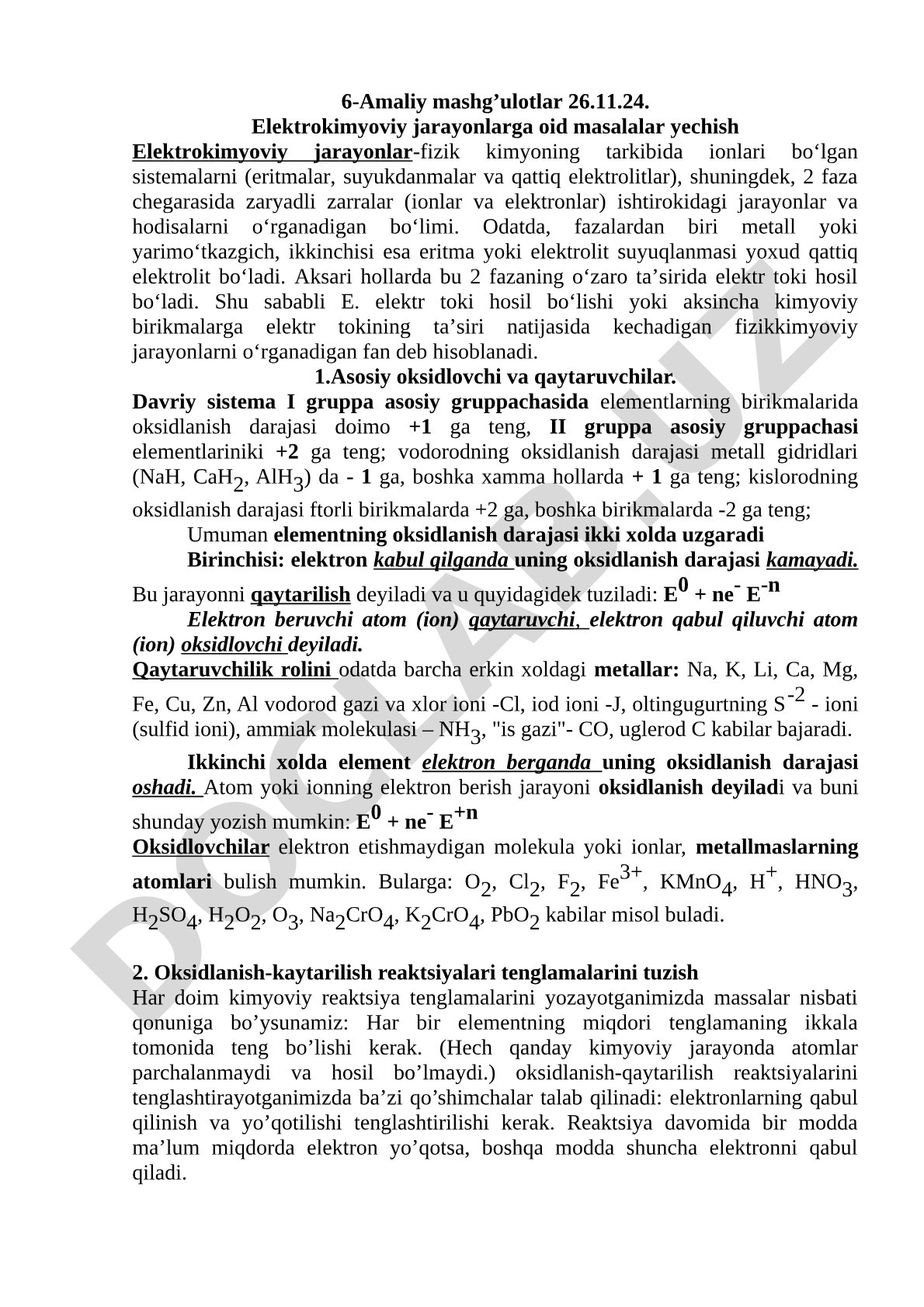 Elektrokimyoviy jarayonlarga oid masalalar yechish