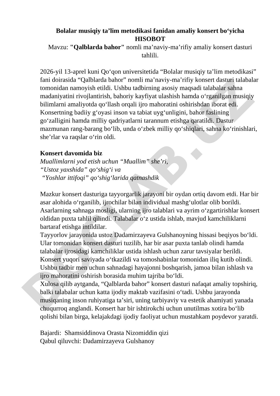 Qalblarda bahor nomli ma’naviy-ma’rifiy amaliy konsert dasturi tahlili
