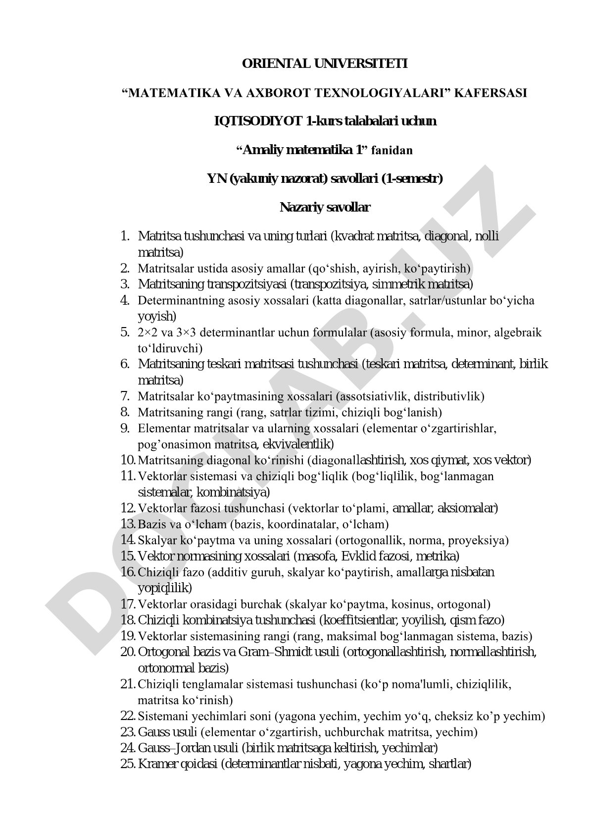Amaliy matematika 1 yakuniy nazorat savollari