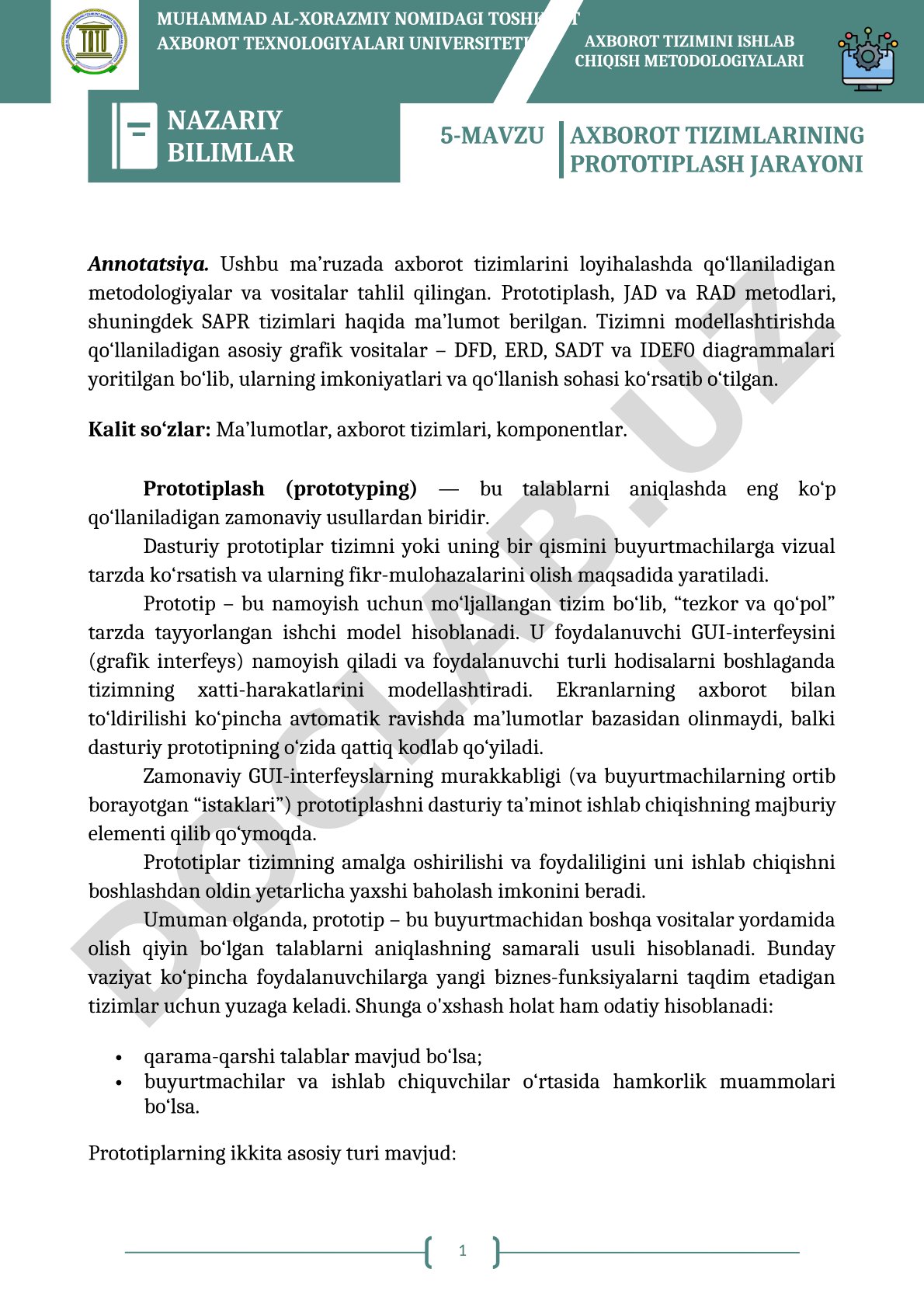 Axborot tizimlarining prototiplash jarayoni nazariy bilimlar