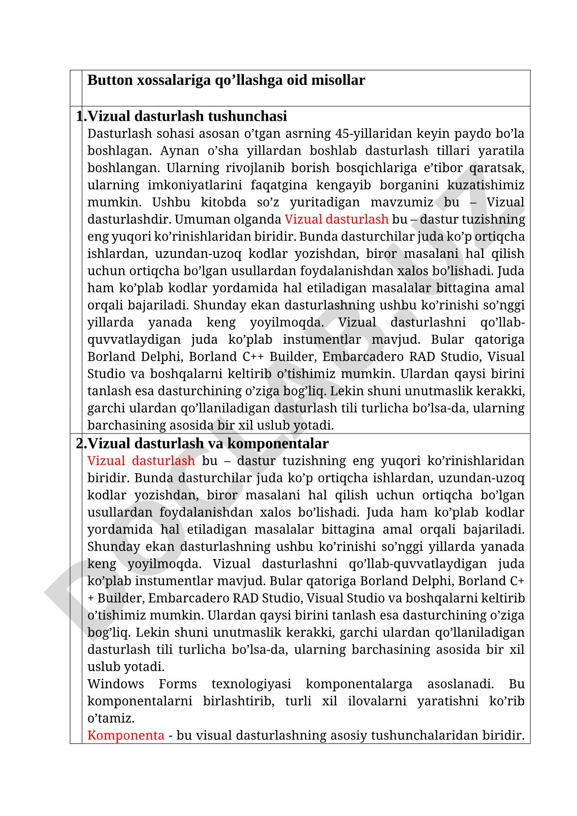 Vizual dasturlash tushunchasi va Button xossalariga oid misollar