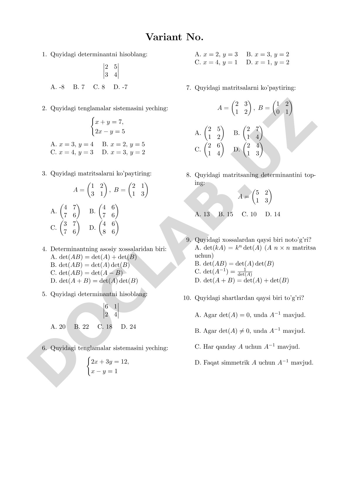 Determinant va matritsalar testi