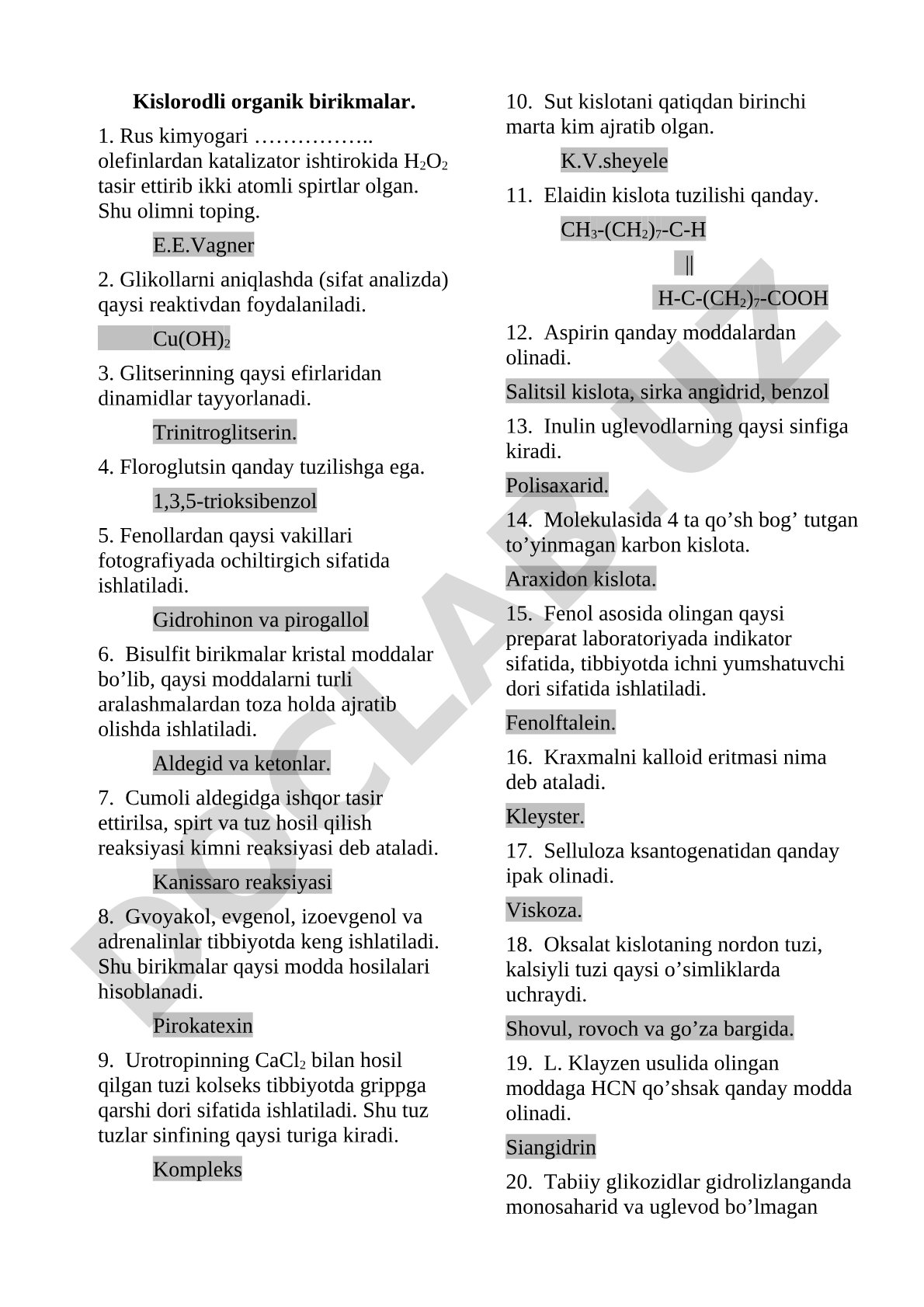 Kislorodli organik birikmalar mavzusida savol va javoblar