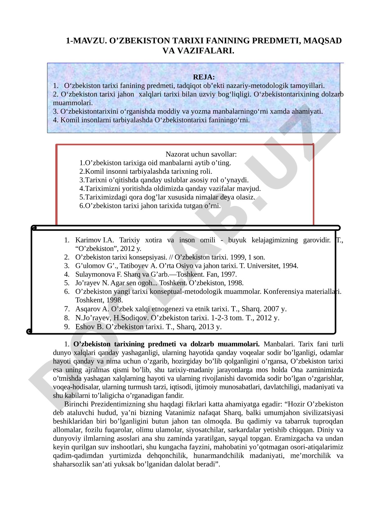 O’ZBEKISTON TARIXI FANINING PREDMETI, MAQSAD VA VAZIFALARI
