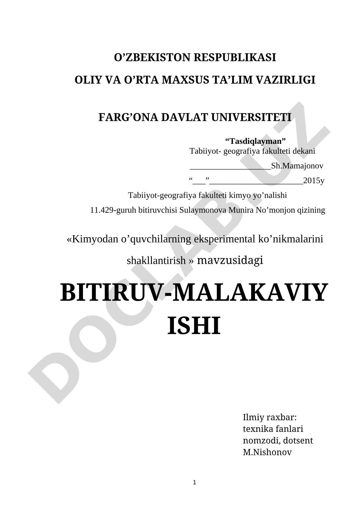 Kimyodan o'quvchilarning eksperimental ko'nikmalarini shakllantirish