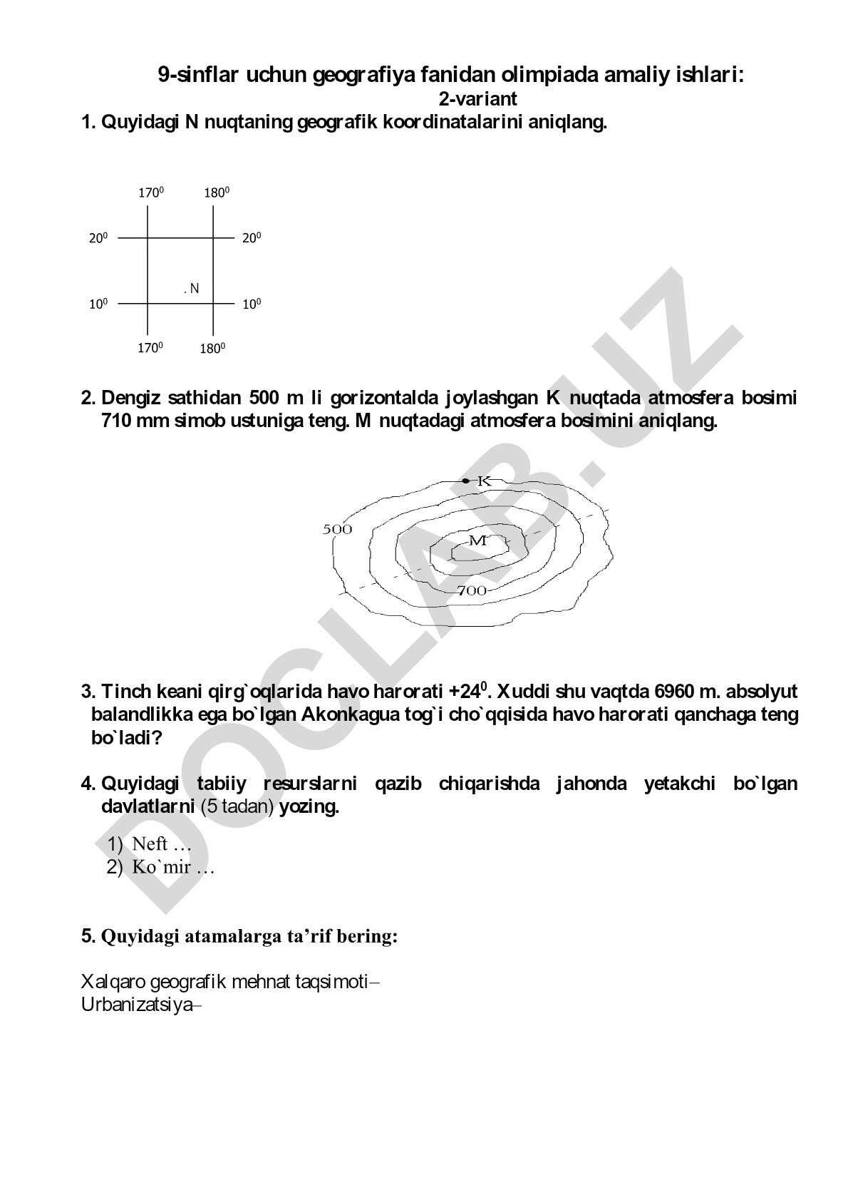 9-sinflar uchun geografiya fanidan olimpiada amaliy ishlari va testlari
