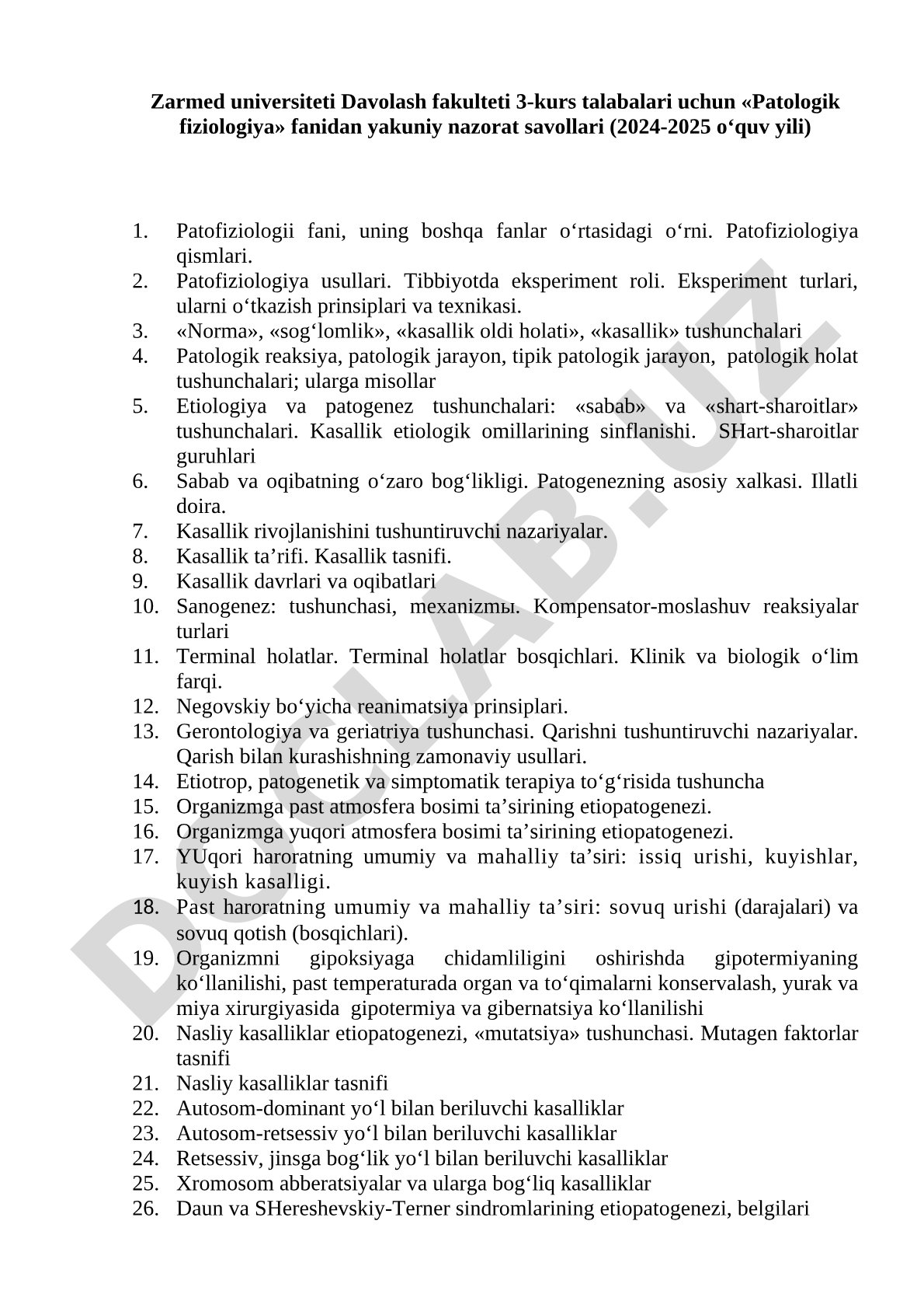 Patologik fiziologiya fanidan yakuniy nazorat savollari