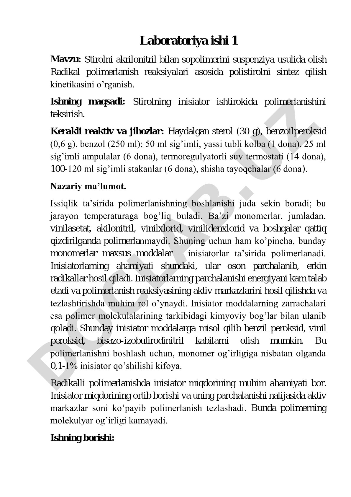 Stirolni akrilonitril bilan sopolimerini suspenziya usulida olish