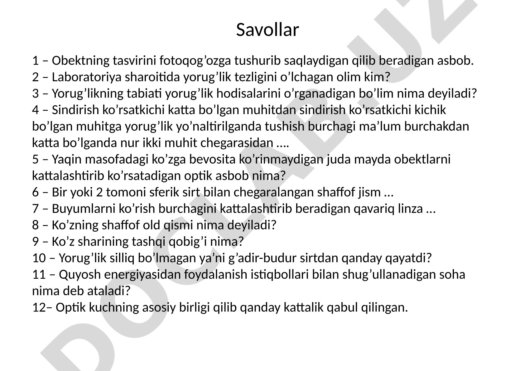 Optika bo‘yicha savol-javoblar