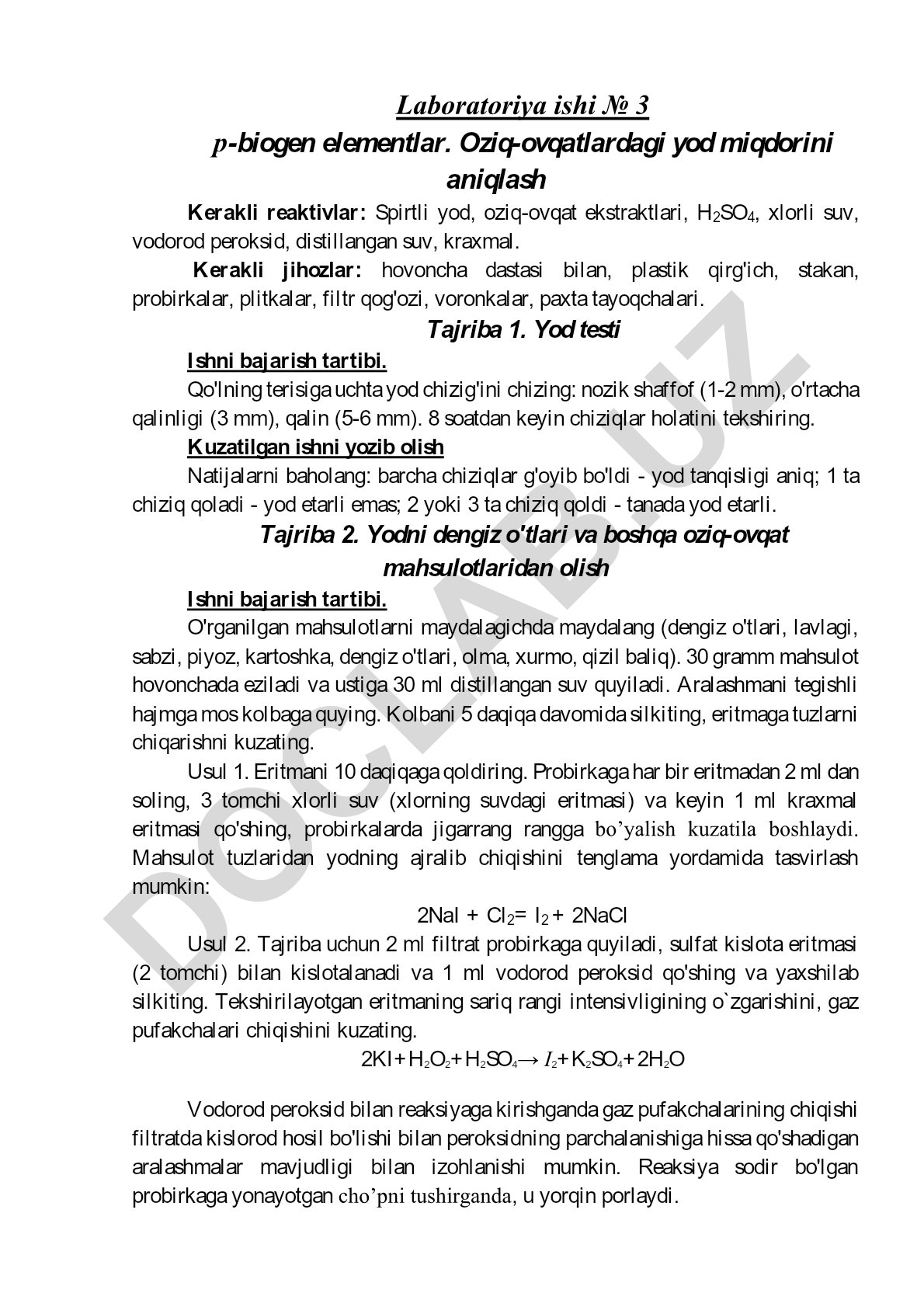 Laboratoriya ishi № 3 р-biogen elementlar. Oziq-ovqatlardagi yod miqdorini aniqlash