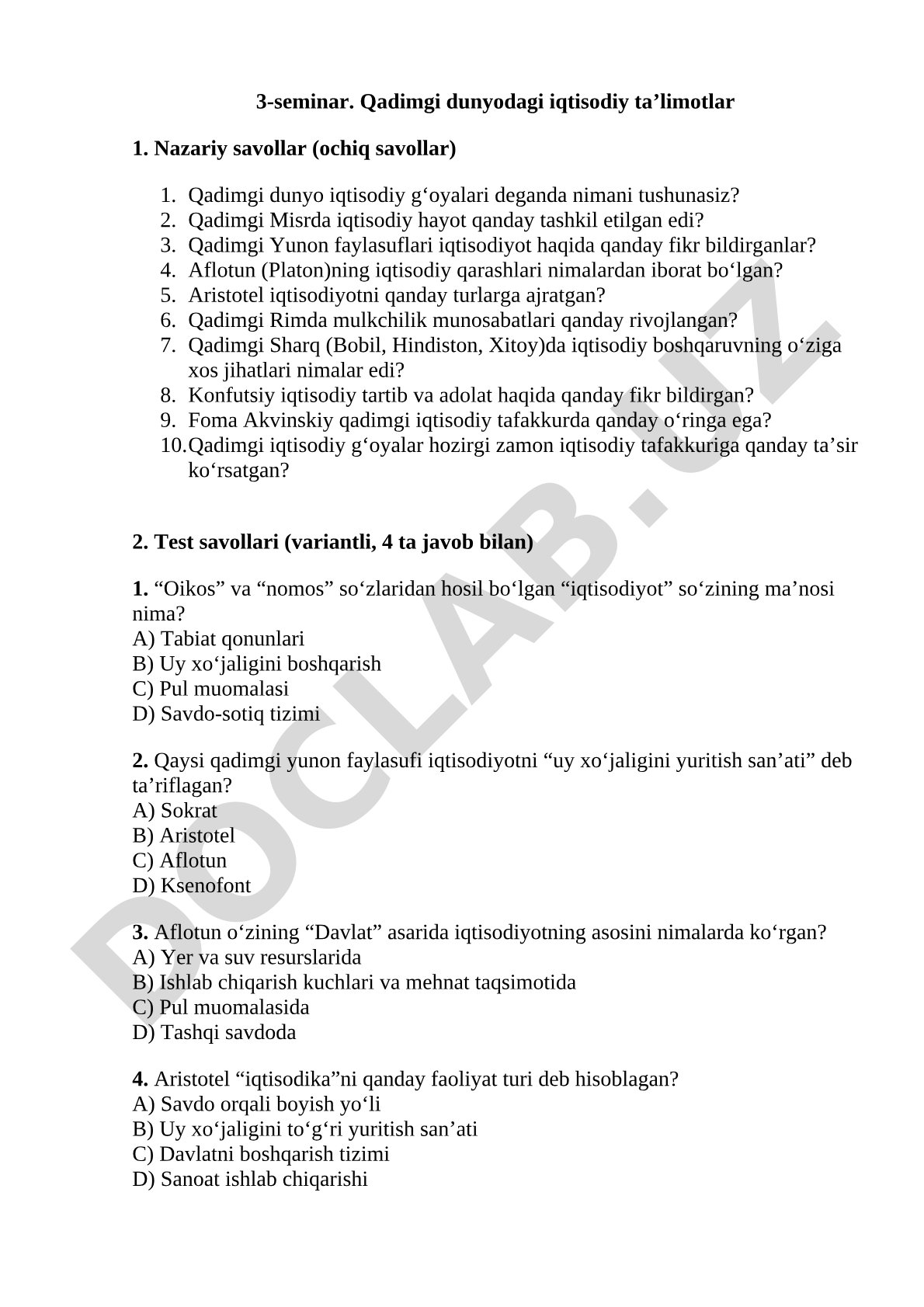 Qadimgi dunyodagi iqtisodiy ta’limotlar