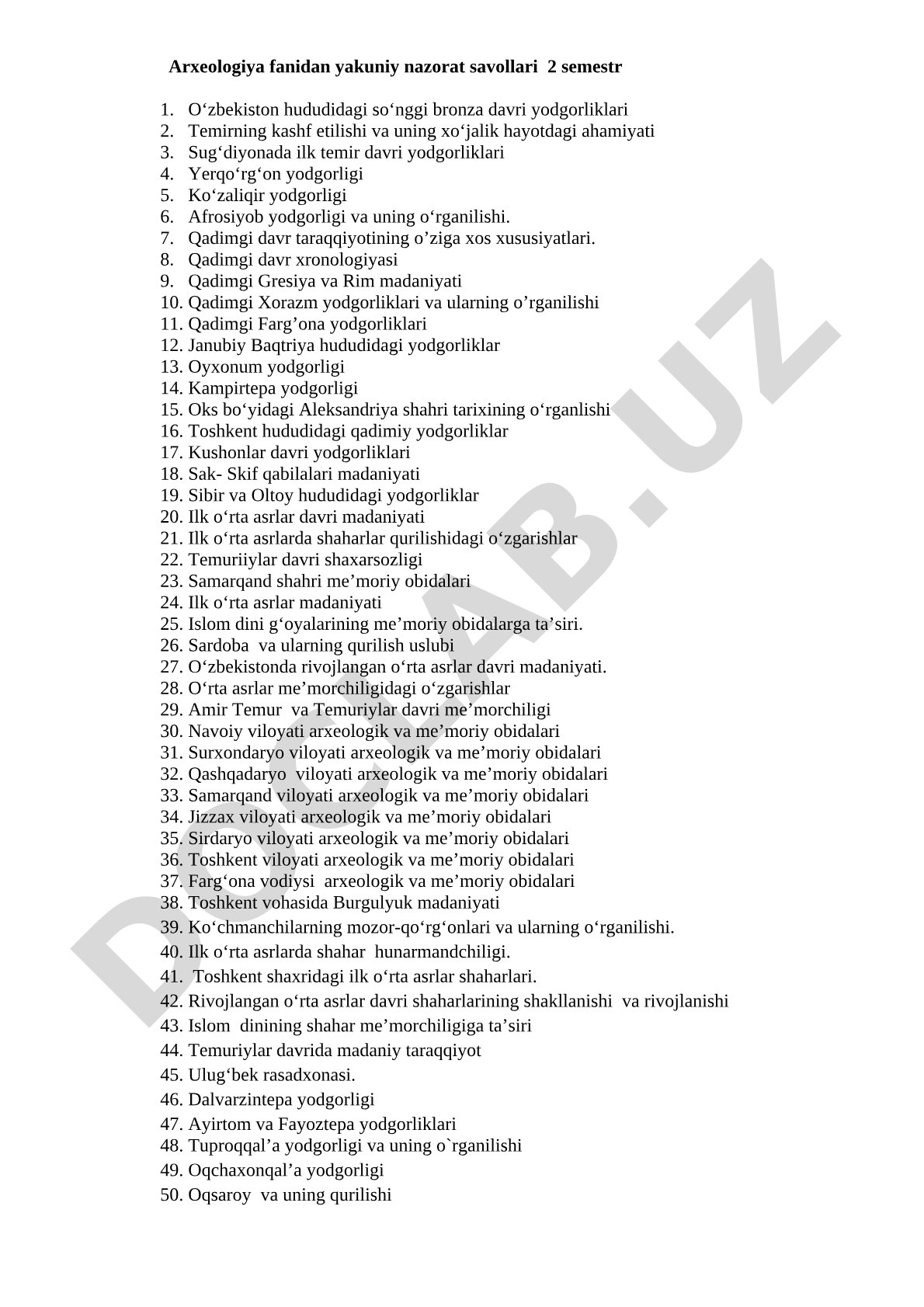 Arxeologiya fanidan yakuniy nazorat savollari 2 semestr