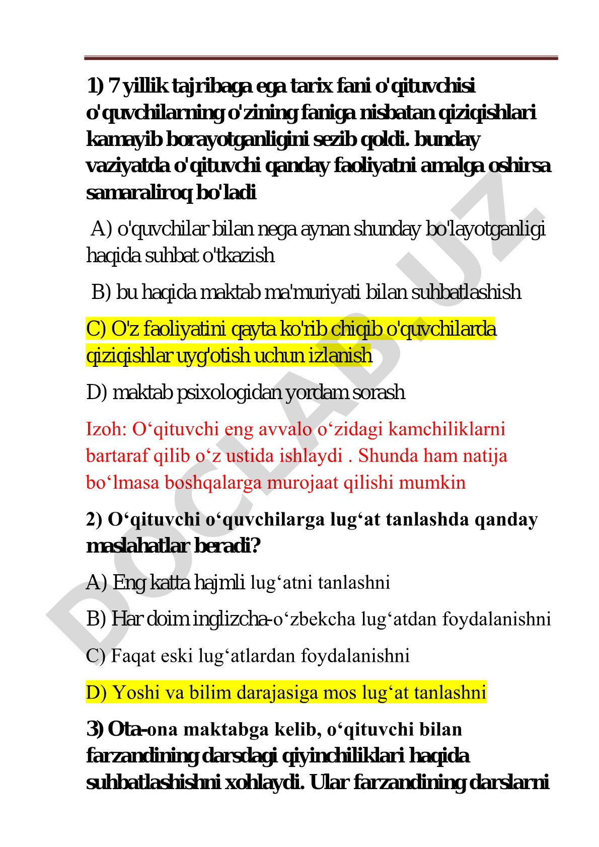 O'qituvchi faoliyatidagi pedagogik vaziyatlar bo'yicha test savollari