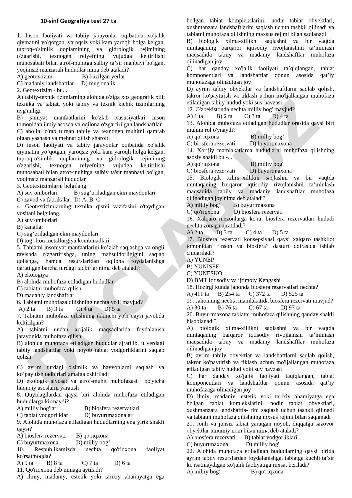 10-sinf Geografiya test 27 ta