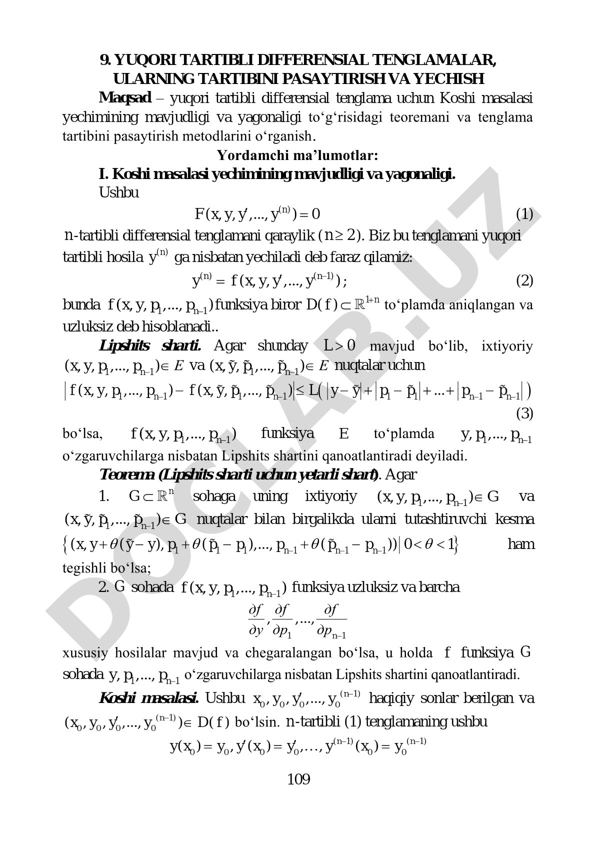 Yuqori tartibli differensial tenglamalar, ularning tartibini pasaytirish va yechish