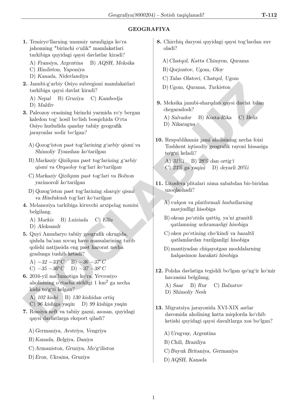 Geografiya test savollari