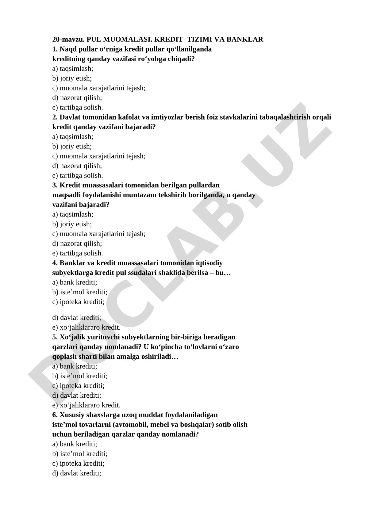 Pul muomalasi. Kredit tizimi va banklar