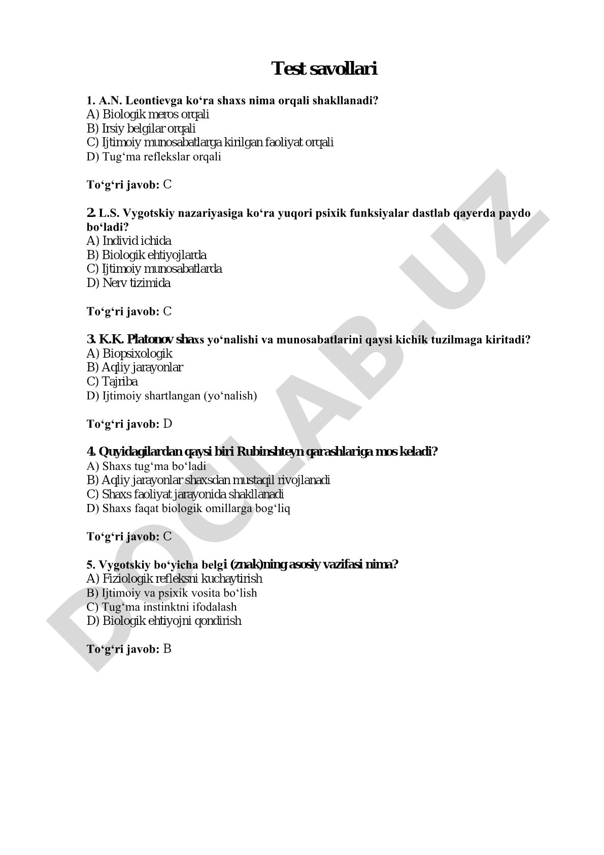 Shaxs psixologiyasi test savollari
