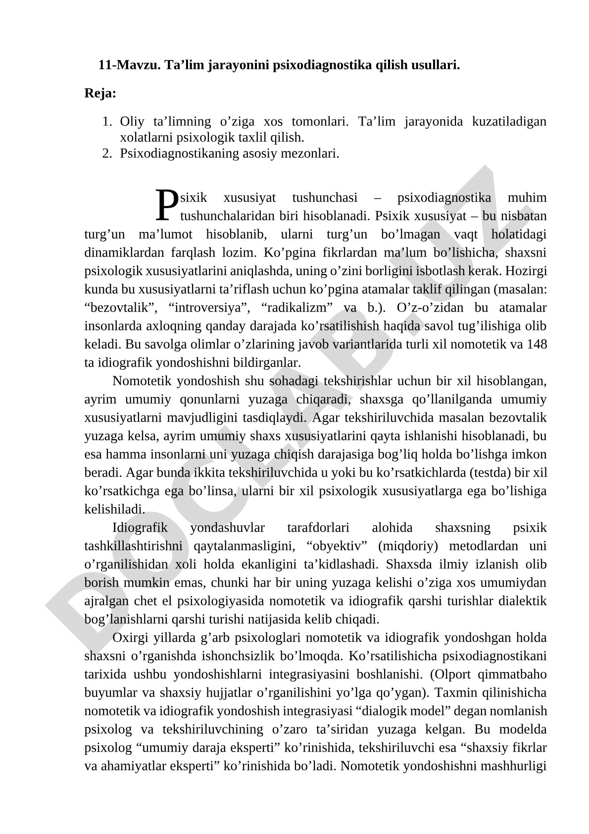 Taʼlim jarayonini psixodiagnostika qilish usullari