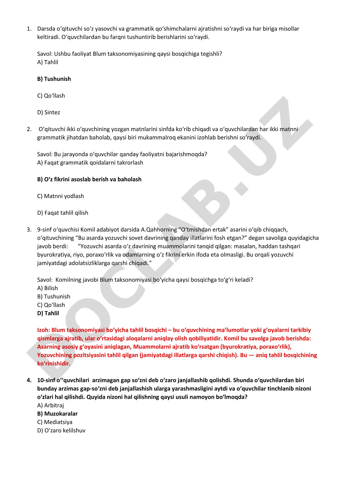Blum taksonomiyasi bo'yicha test savollari