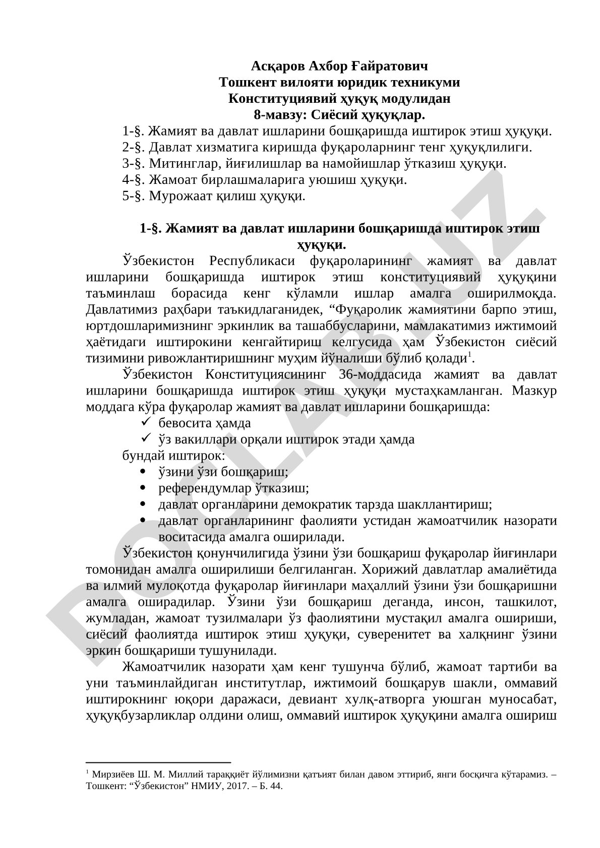 Конституциявий ҳуқуқ модулидан 8-мавзу: сиёсий ҳуқуқлар, жамият ва давлат ишларини