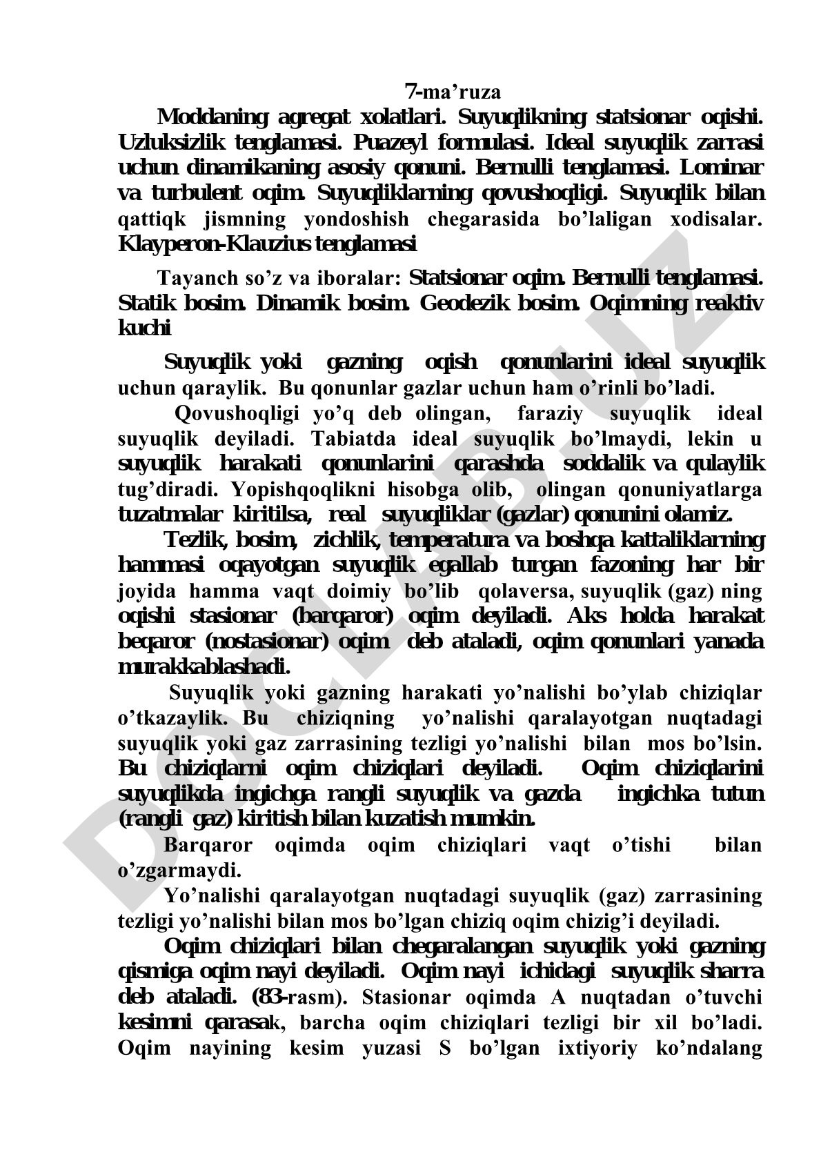 Suyuqlikning statsionar oqishi va Bernulli tenglamasi