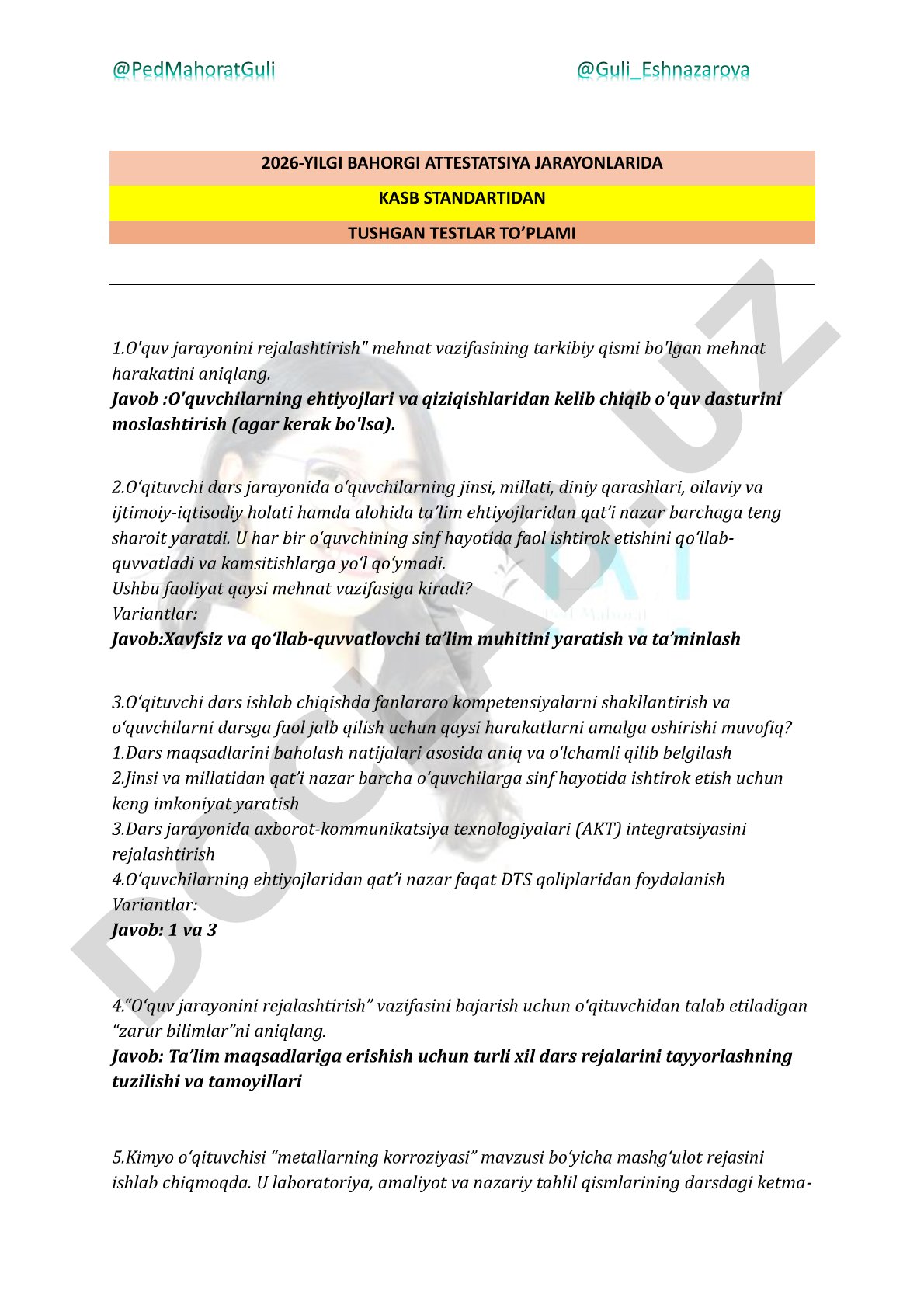 2026-yilgi bahorgi attestatsiya jarayonlarida kasb standartidan tushgan testlar to‘plami